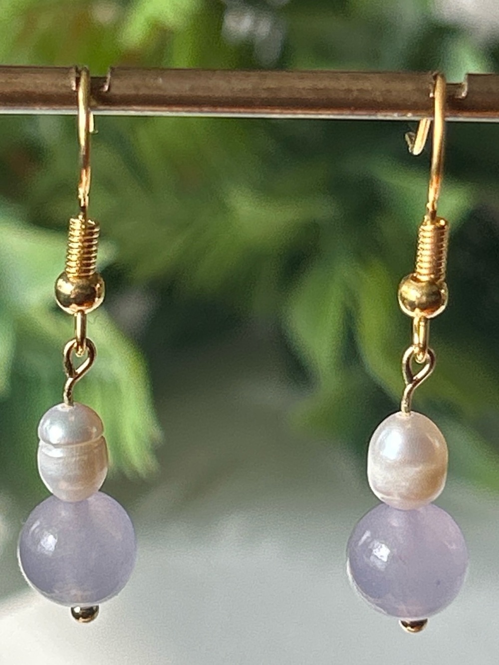 Gold Drop Earrings with Lavender Chalcedony Gemstone and Freshwater Pearl Beads